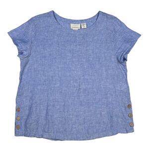 Cynthia Rowley 100% Linen Top Medium Blue Short Sleeve Button Detail Coastal